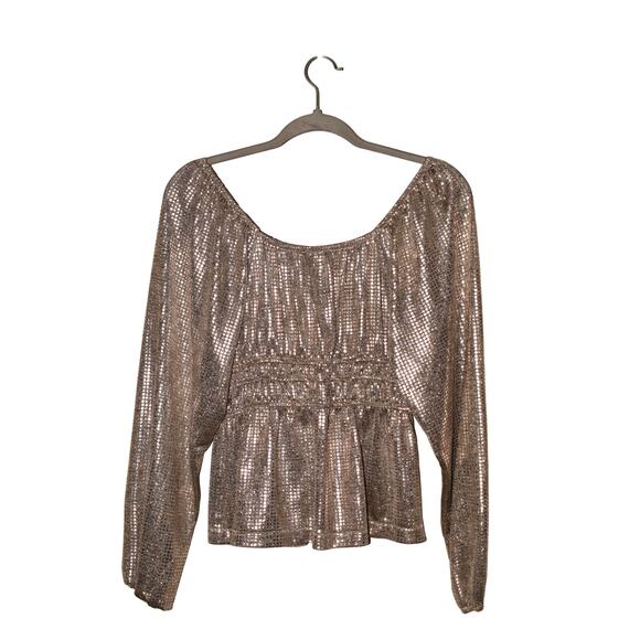 CACHE $88 Metallic‎ Silver Gold Shimmer Long Sleeve Peplum Top Scoop Neck Small - Picture 2 of 4